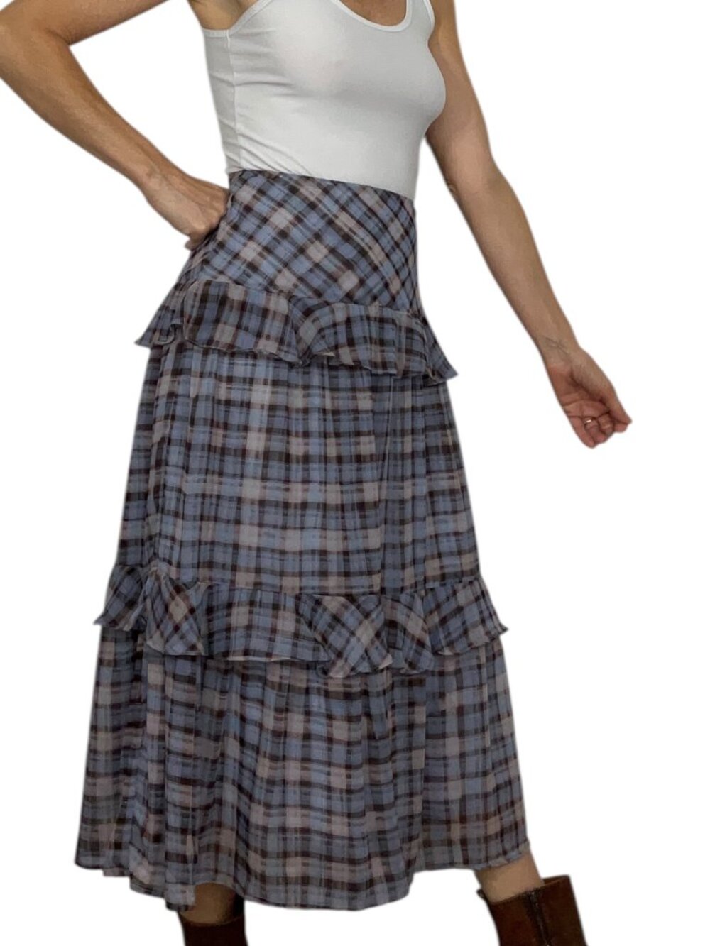 En Saison Briar Plaid Ruffle Tiered Midi Skirt XS Brown Blue Western - Picture 4 of 13